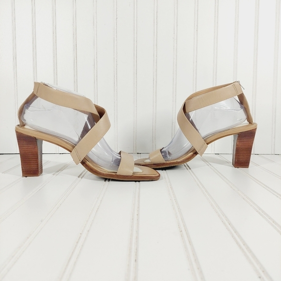 Nicole Fracture Tan Leather Block Wood Heel Back Zipper Strappy Sandals Y2k A674 - Picture 7 of 13